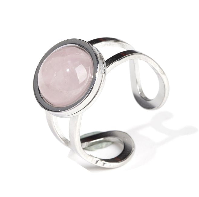 Bague en Acier Inoxydable Argentée Ronde Quartz Rose A