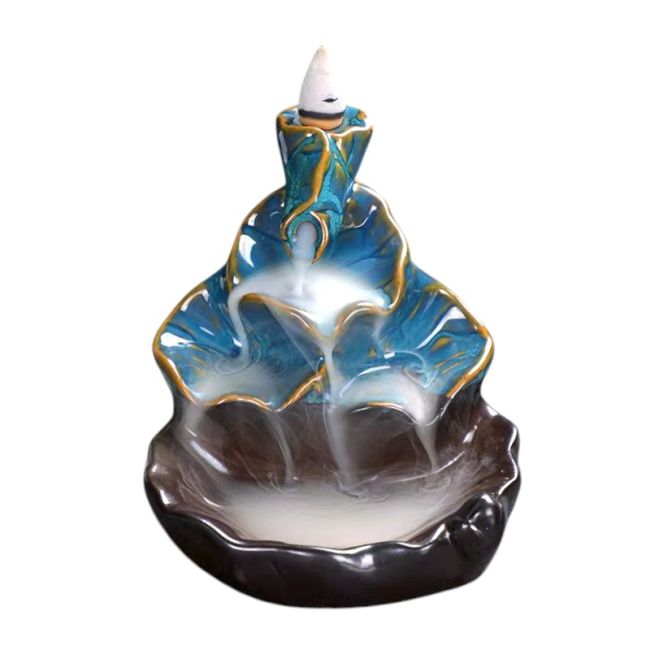 Porte-Encens Backflow Céramique Feuilles de Lotus 10cm – Bleu