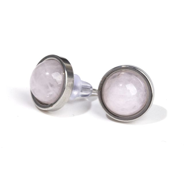 Boucles d'Oreilles Rondes Quartz Rose | Acier Inoxydable | Stud 10mm